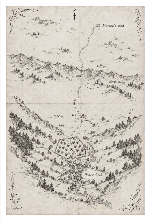 The canonical Hollow Creek map from Spellbound, showing Marrow’s End north of North Ridge, the orchard and Moonwell, and Hollow Creek in the valley.